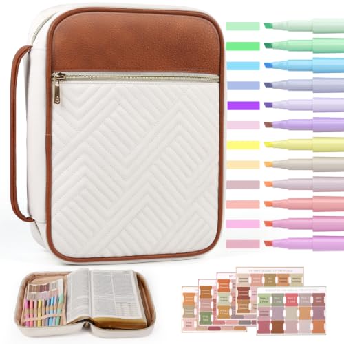 BellaHold Bible Cover Case for Women Quilted Bible Case with Handle Strap - color: White & Brown, size: M/L