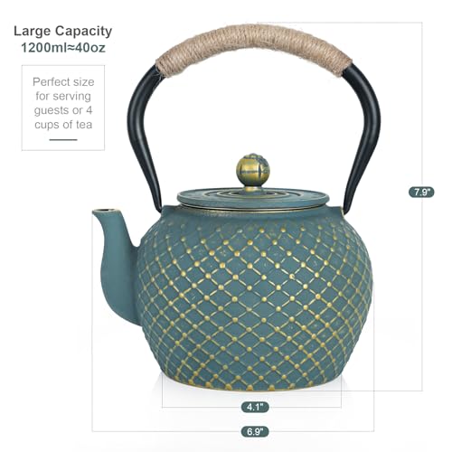 Ufine Cast Iron Teapot for Stove Top with Stainless Steel Infuser - color: Blue Grid