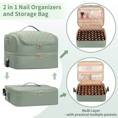CUBETASTIC Nail Polish Organizer Case, Nail Supplies Storage Box Holds 117 Bottles Nail Polish & Nail Lamp, Travel Nail Tech Carrying Case, Nail Kit Bag For Nail Stuff & Manicure Tools - color: Green, size: 117 Slots
