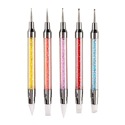 FULINJOY 5PCS Dual-Ended Nail Art Sculpture Pen Dotting Tools, Silicone Nail Polish Brushes Stainless Steel Carving Drawing Dotting Tool, Acrylic Rhinestone Handle, Nail Art Tools