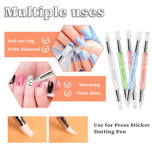 10PCS Nail Art Gel Carving Pen Acrylic Nail Dotting Pen Rhinestone Handle Double-Ended Silicone Nail Art Pen Brushes for Design Nail Foil Carving Drawing and 3D Effect Shaping Drawing Dotting Tools - color: 10 pcs style A
