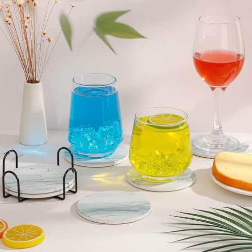 Acejoz Drink Coasters with Holder for Coffee Table, Absorbent Coasters Set of 6, Marble Style Ceramic Coaster for Wooden Table, Suitable for Kinds of Cups, Home Decor, 4 Inches(Blue) - color: Blue Marble