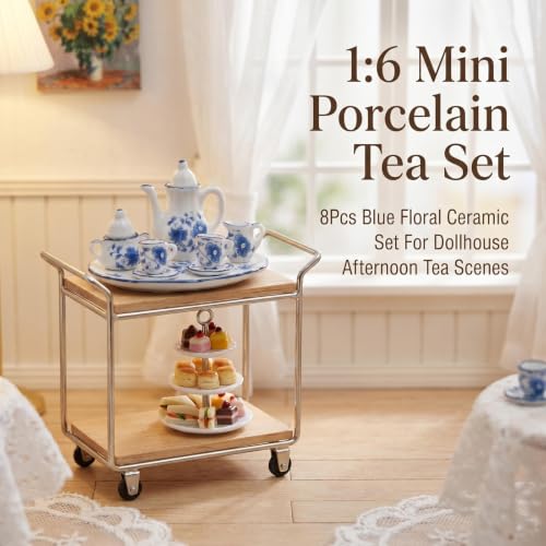 Miniature Tea Set 1/6 Scale Dollhouse Accessories Porcelain Blue Flower - color: Blue Flower