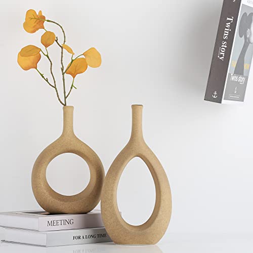 LCCCK Matte Beige Ceramic Vase, Tan Circle Vases with Hole, Neutral Rustic Centerpiece Table Decorations Flower Vase, Minimalist Vase Farmhouse Dinner Decor - color: A