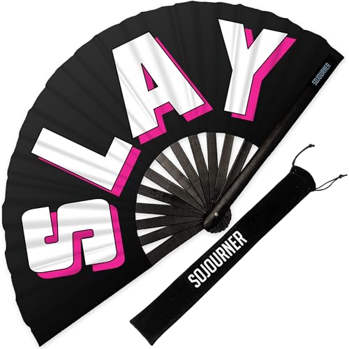 SoJourner Bags Slay Rave Fan - Large Folding Clack Fan for Men and Women - Rave Accessories for EDM, Line Dancing, Cosplay, Concerts and More - color: Slay