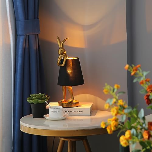 NorDiem LED Bunny Table Lamp, Resin Animal Rabbit Desk Light with Linen Shade, 15.7 Inch Decorative Lamp for Bedroom, Office & Kids Room (15.7" Black Shade) - color: 15.7" Black Shade