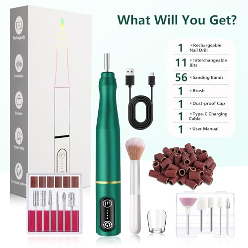 TUOBEO Cordless Nail Drill Electric Nail File Kit, Rechargeable Efile Set - color: Blackish Green