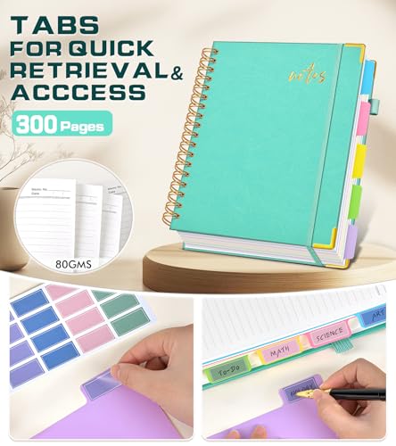 Hardcover Spiral Notebook Journal 8.5" x 11" Leather 5 Subject Notebook with Removable Dividers Tabs, 300 Pages Organizer Notebooks for Work School, College Ruled, Large Lined Journal for Women,Aqure - color: Aqure, size: A4