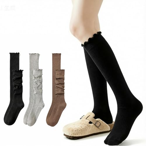 Moonlik Women Ruffle Knee High Boot Socks, Turn Cuff Knit, Breathable Cute Frilly Lettuce Dress Socks, 3 Pairs - color: Black Light Grey Coffee