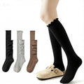 Moonlik Women Ruffle Knee High Boot Socks, Turn Cuff Knit, Breathable Cute Frilly Lettuce Dress Socks, 3 Pairs - color: Black Light Grey Coffee