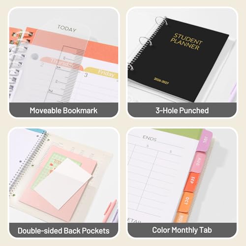 Student Planner 2026-2027, SUNEE Academic Weekly & Monthly Plan Book, Jul. 2026 - Jun. 2027, 8.5"×11" School Planner, Lesson Plan Book with Week's Goals, Bookmark, Monthly Tabs, 3-Hole Punched, Black - color: Black, size: A4 8.5"×11"