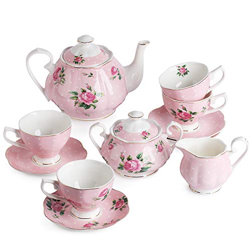 BTaT- Floral Tea Sets for Adults, 13 pcs, Service for 4, Pot (38 oz) & Cups (8 oz) with Saucers, Pastel Pink Floral Design with Gift Box, Porcelain Tea Set for Adult, Dishwasher Safe - color: Pink