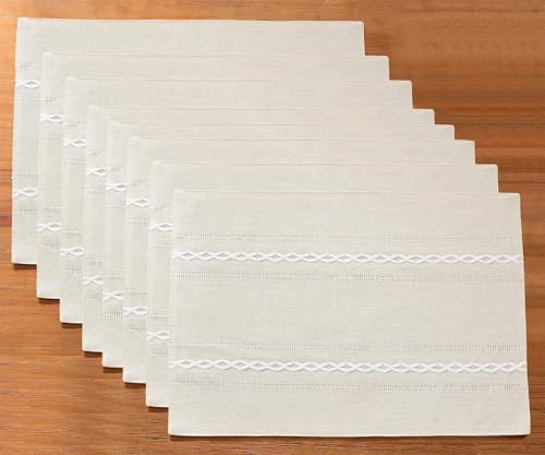 Wracra Cotton Linen Place Mats, Ivory Embroidered Placemats Set of 8 - color: Hemstitched Ivory, size: Placemats(Set of 8)