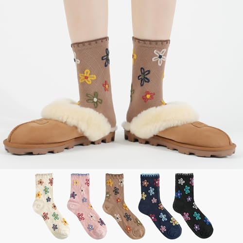 Womens Cotton Crew & Ankle Socks, Cute Floral Ruffle Colorful Tube Size 6-9 - color: Flower Print B