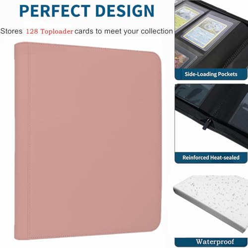 Toploader Binder,4-Pocket Double Sided Top Loaders Binder,Holds 128 Cards in 3"x4" Toploaders,PU Leather Card Binder Abulm for Toploader Trading,Sports,and Gaming Cards (Pink) - color: Pink