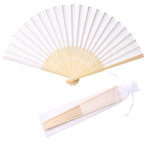24pcs White Imitated Silk Hand Fan Imitated Silk Fabric Bamboo Handheld Folded Fan Bridal Dancing Props Church Wedding Party Favors with Organza Bags (White) - color: White
