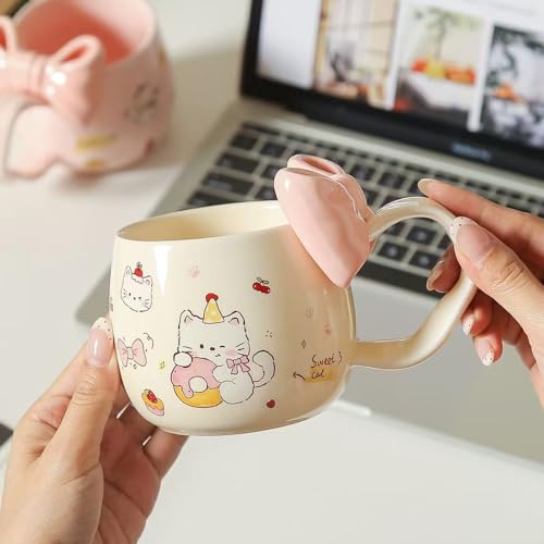 Cute WhiteCat Ceramic Coffee Mug with 3D Bow & Bow Spoon - color: D, size: Large