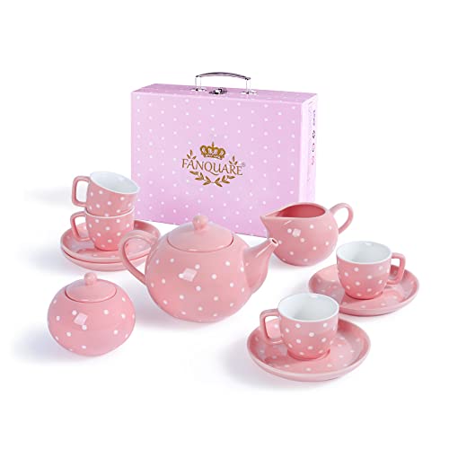 fanquare Porcelain Tea Service Set for Girls Women, 12Pieces Pink and Polka Dot Tea Sets with Box for Holiday Gifting Party - color: Pink Dots