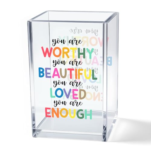 You are Worthy Beautiful Acrylic Makeup Brush Organizer Holder, Boho Motivational Vanity Desk Organizer Accessories for Bedroom Office Decor, Inspirational Gifts for Women Girls Daughter Sister - style: Worthy Loved
