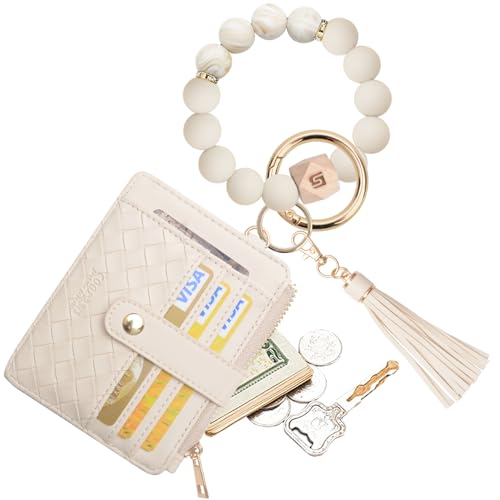 COOLANS Silicone Bracelet Wristlet Wallet Credit Card Holder RFID ID Window Key Ring Tassel Slim Wallet Women Keychain Purse - color: Beige