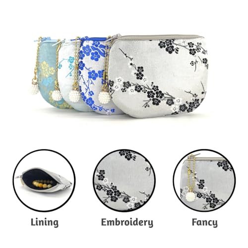 Handmade Women Coin Purse Brocade Rosary Bag Silk Jewelry Pouch Zipper Wallet - White Black - color: White_Black