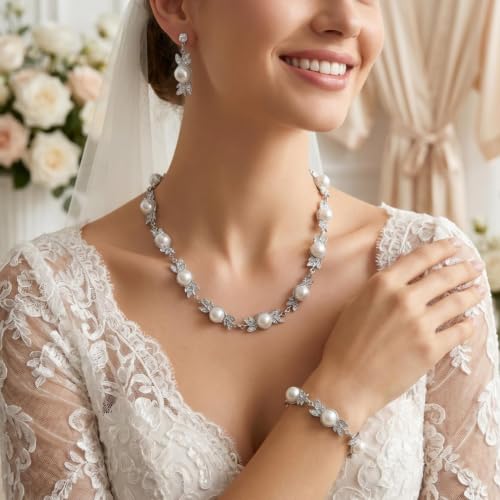 Pearl Bride Wedding Jewelry Set Faux Pearls Crystal Rhinestone Necklace Earrings Bracelet Sets for Women Bridesmaid(3 PCS) - color: Silver-Fake Pearl Style 1