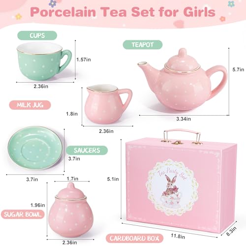 Porcelain Tea Set for Toddlers, Tea Party Set for Little Girls, Kids Tea Set Kitchen Pretend Play, Princess Tea Time Playset with Teapot Cups Carry Case, Toddler Girl Toys Birthday Gifts Age 3+ - style: C. Color Dot Tea