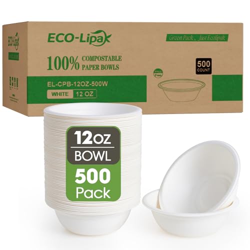 ECOLipak 500 Pack 12 oz Paper Bowls Disposable, Compostable Bowls, White - color: 500Pack-White