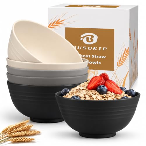 Wheat Straw Bowls Sets of 6, 26oz Plastic Bowl Reusable, Unbreakable Cereal Bowl, Microwave and Dishwasher Safe Soup Bowls for Kitchen, Camping, RV, Party - BlackBeige - color: Blackbeige, size: 26 oz