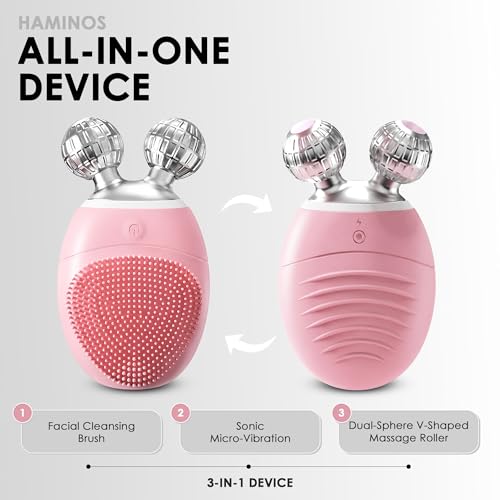 Facial Cleansing Brush 3-in-1, Silicone Face Scrubber and Massager with V-Roller, 5 Vibration Modes, Waterproof Rechargeable Electric Face Wash Brush for Daily Cleansing