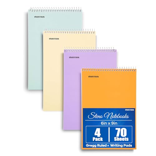 Mintra Office Steno Books Set - Top-Spiral Bound, Gregg Ruled, 70 White Sheets, Poly Pastel Covered Notebooks for Office, Professional, School & Work, Note-taking, Writing Pads, 6"x9", 4 Pack - color: Pastel Colors 4pk, size: Gregg Ruled
