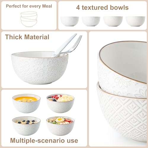 Dafuceramic 26 oz Ceramic Soup Bowls, Cereal Bowls Set of 4 – Oven & Microwave Safe French Onion Soup Bowls, Unique Embossed Patterns, Dishwasher Safe for Soups, Stews & Desserts