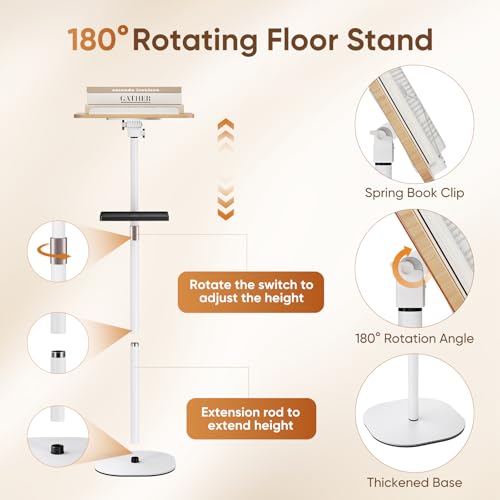 2 in 1 Adjustable Floor Book Stand & Music Stand with Removable Tray, 19.7" to 51.2" Foldable Reading Book Holder with Page Clips for Laptop, Cookbooks, Sheet Music, Wooden Podium Stand for Projector - color: White