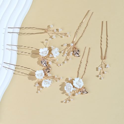 Handmade Pearl Bridal Wedding Hair Pins 6Pcs White Ceramic Flowers Gold Leaf Pearls Clips Wedding Hair Accessories for Women Brides Bridesmaid (Gold) - color: Gold