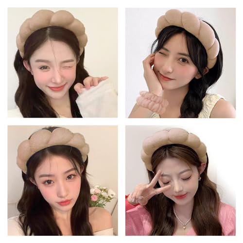 Spa Headbands for Washing Face Wristband Set Sponge Makeup Skincare Headband Wrist Towels Bubble Soft Terry Towel Cloth Hairband for Women Puffy Headwear Non Slip Thick Thin Hair Headwear (Coffee) - color: Coffee