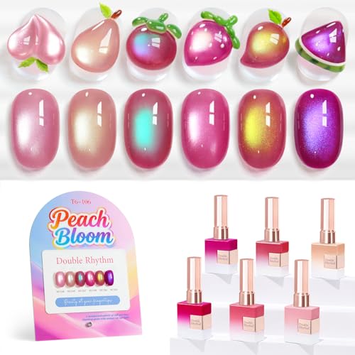 Double Rhythm Cat Eye Gel Nail Polish Set of 6 Same Color Same Bottle 0.5 Oz Shimmer Glitter with Magnet Holographic Magnetic UV Nail Polish Kit at Home (Peach Nude Pink Purple Rose-T6-106) - color: Peach Bloom
