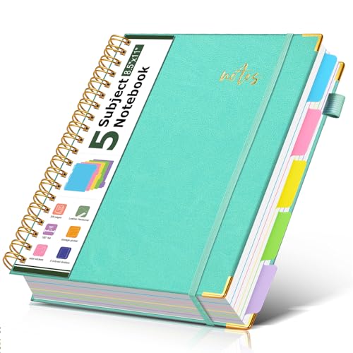 Hardcover Spiral Notebook Journal 8.5" x 11" Leather 5 Subject Notebook with Removable Dividers Tabs, 300 Pages Organizer Notebooks for Work School, College Ruled, Large Lined Journal for Women,Aqure - color: Aqure, size: A4