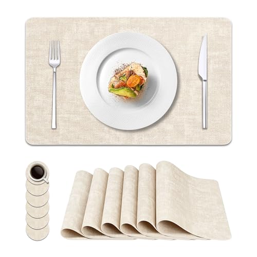 NCUE Vinyl Placemats Set of 6, 17"x12" Wipeable Place Mats with Coasters - color: Beige, size: Set of 6