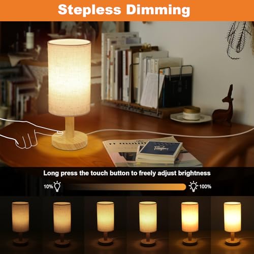 Small Touch Table Lamp with Stepless Dimming&USB Plug,Natural Round Wood Base&Linen Fabric Shade |Soft Ambient Warm Night Light|Minimalist Boho Bedside Lamp for Bedroom,Nightstand,Nursery,Kitchen,Dorm - size: Round - USB Plug Touch - Set of 1