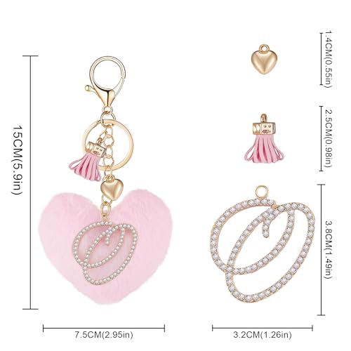 Initial Letter Heart Pom Pom Keychain for Women Pink Soft Fluffy Ball Key Ring for Purse Backpack Handbag - color: O