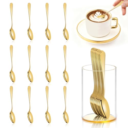 12 Pcs Gold Coffee Spoons with Holder 4.92 Inch Demitasse Espresso Spoons Mini Coffee Spoons Gold Tiny Dessert Spoons Small Tea Spoon Stainless Steel Acrylic Cylinder Holder for Party Coffee Bar Home - color: Gold