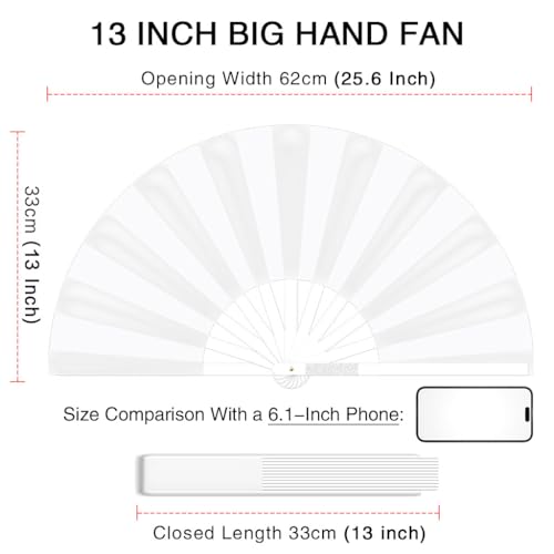 13" Large Folding Rave Fan with Holster, Clack Hand Fans Foldable for Line Dancing, Boots On The Ground Fan for Women Men Festival EDM Party Decoration, White 2 Pack - color: White