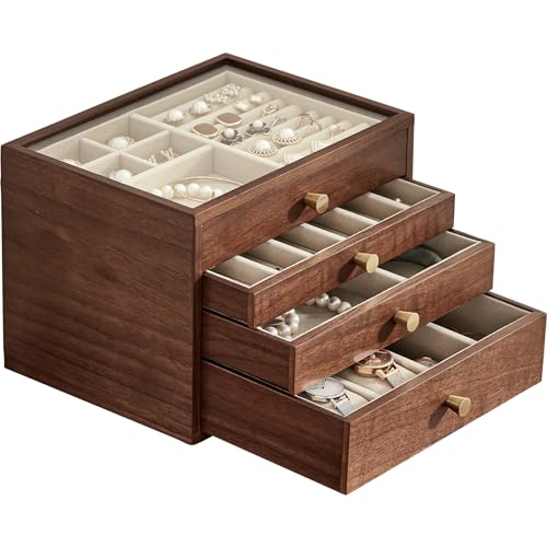 Black Walnut Wooden Women Jewelry Box with Glass Lid, 4 Layer - style: 4 Layer A