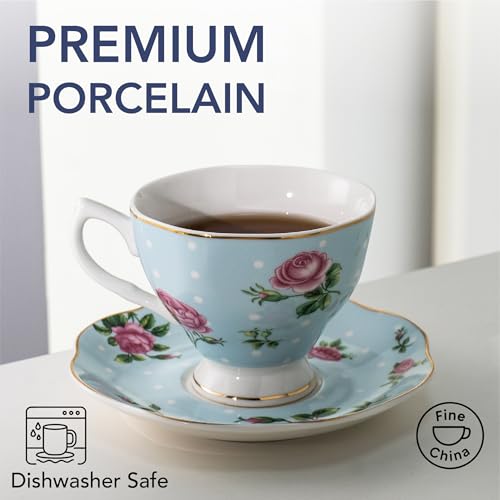 BTaT- Floral Tea Cups and Saucers, Set of 12, 8 oz, Fine Porcelain Teacup Set with Gold Trim for Afternoon Tea, Weddings, Parties & Gifting, Dishwasher Safe, Lightweight, Non-Toxic - color: Multicolor, size: 12 Pack