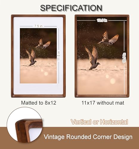 11x17 Picture Frame, USA-Sourced Natural Walnut Wood with Plexiglass, Handcrafted Rounded Corners, Matted to 8x12 Photo, Horizontal and Vertical Gallery Wall Poster Frame - color: Walnut, size: 11X17