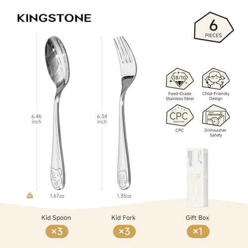 KINGSTONE 6 Pcs Large Kids Silverware, 18/10 Stainless Steel, Cat & Dog - color: Cat & Dog, size: 6-Piece (Large)