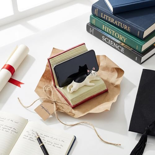 RAQWI Black and White Cat on Red Book, Resin Phone Stand, Desk Decor - color: Red