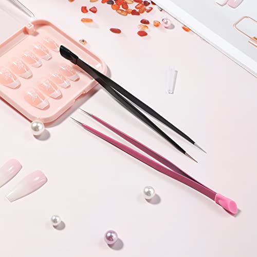 2 Pcs/Set Straight Nail Tweezers Probe Tips Metal Tweezers with Silicone Pressing Head for Nail Art, Picking Gems Rhinestones Acrylic Gel Stickers Eyelash Extensions