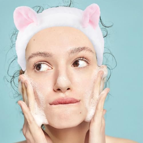 1 PCS Spa Headband Soft Stretch Cat Ears Headband for Makeup Skincare Soft Coral Fleece Face Wash Women Girls - color: White, size: 1 Count (Pack of 1)