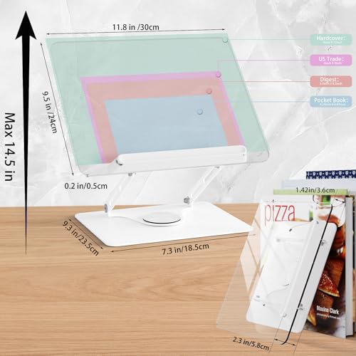 HAUTOCO Adjustable Acrylic Book Stand for Reading, 360° Rotating Base, Foldable Desktop Book Holder with Elastic Page Clips, Hands-Free Cookbook Stand for Laptop, Tablet, Recipe, Textbook, Music Score - color: White
